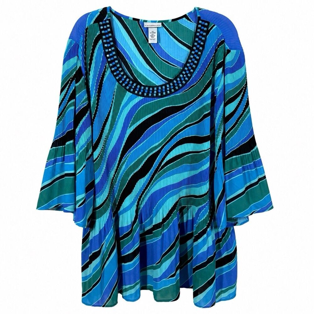 Catherines Womens 3X 26/28W Blue Abstract Beaded Neck 3/4 Sleeve Tunic Top